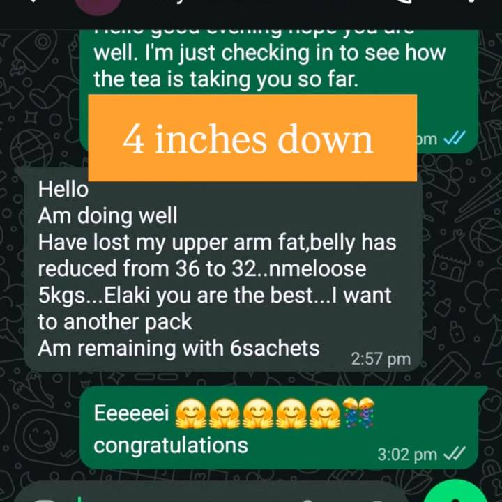 Customer message: lost upper arm fat, waist 36 to 32, 5 kg down