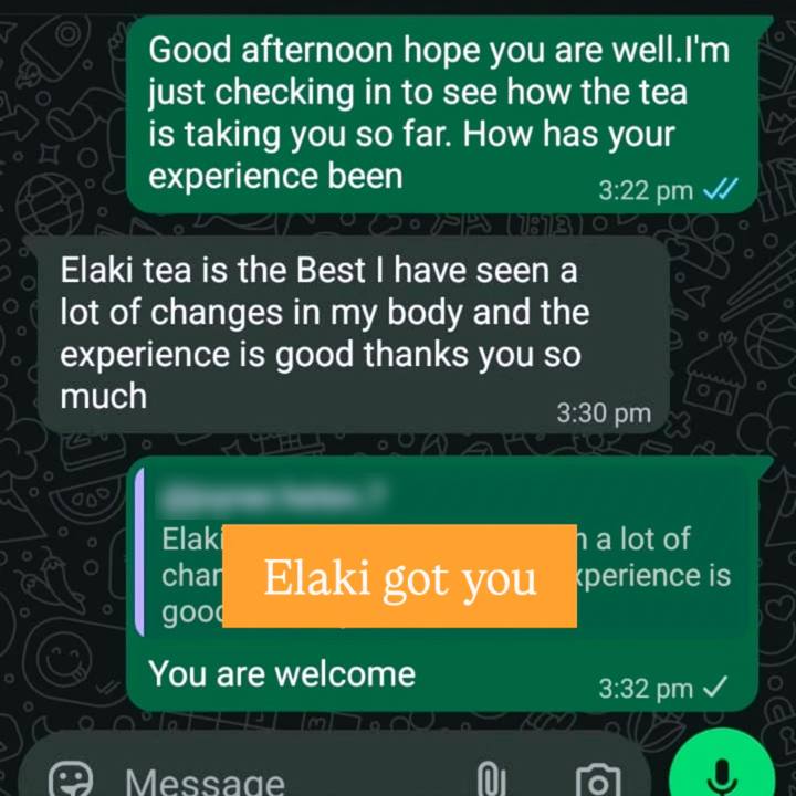 Customer message: Elaki tea is the best, seen a lot of changes