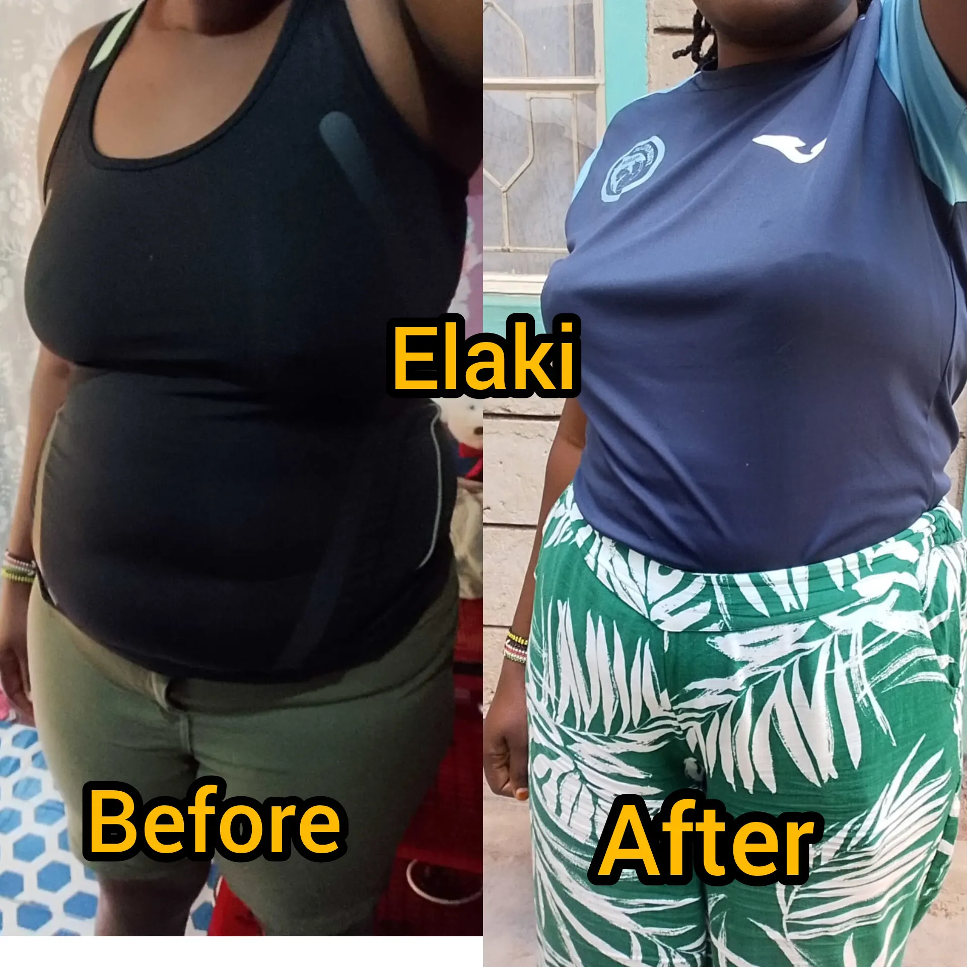 Before and after photos of a Burn tea customer, waist and midsection