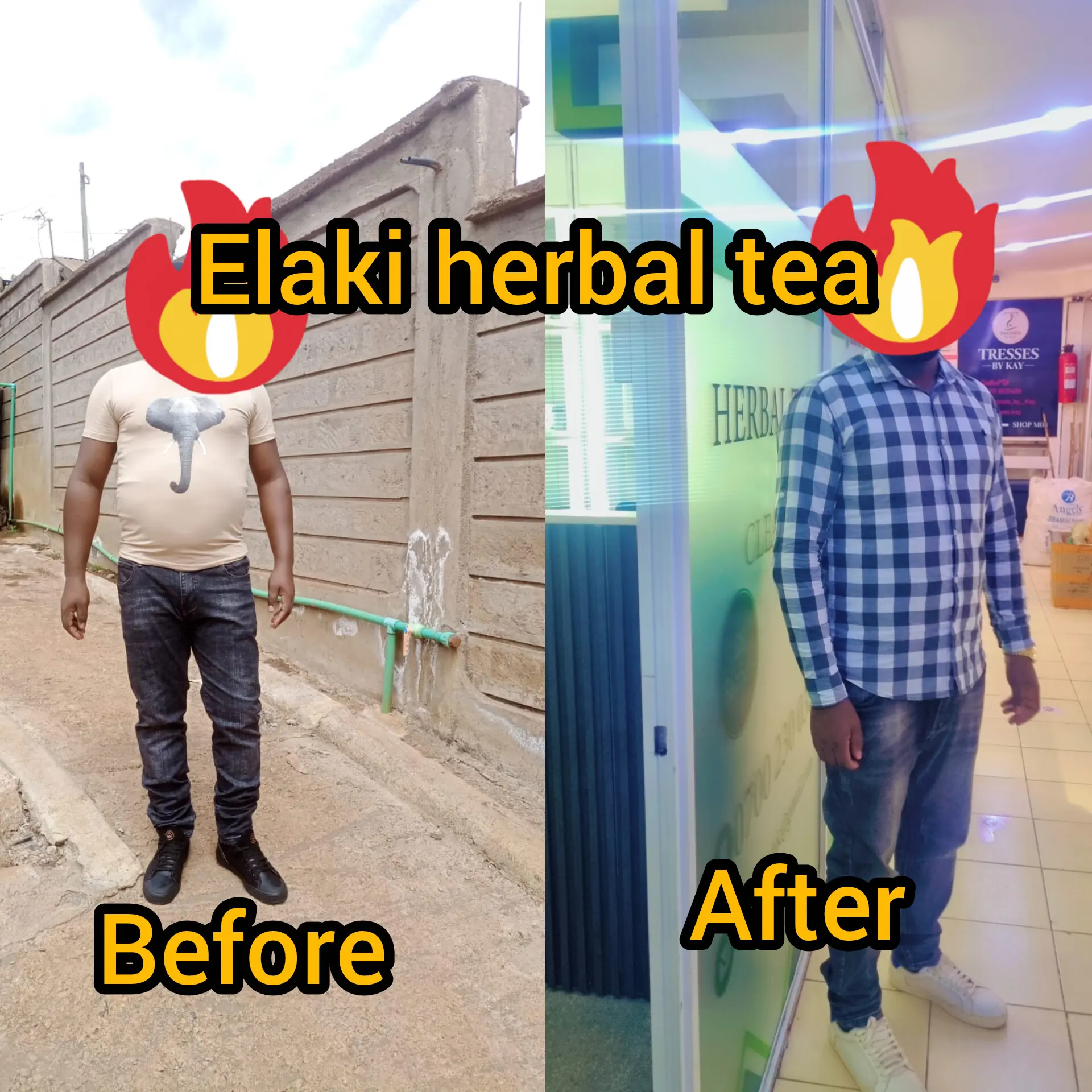 Before and after photos of a Burn tea customer, full body